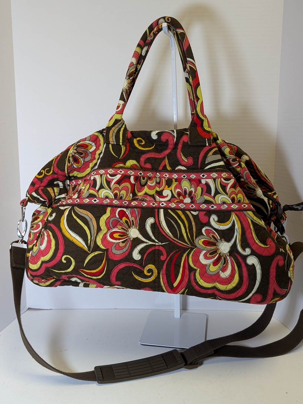 Vera Bradley Puccini Large Duffel Travel Bag Quilted Weekender Brown Pink
